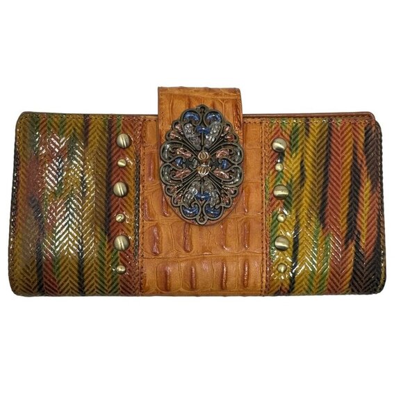 Sharif jeweled beaded print leather trifold wallet Vintage Artsy Brown multi - Picture 12 of 12